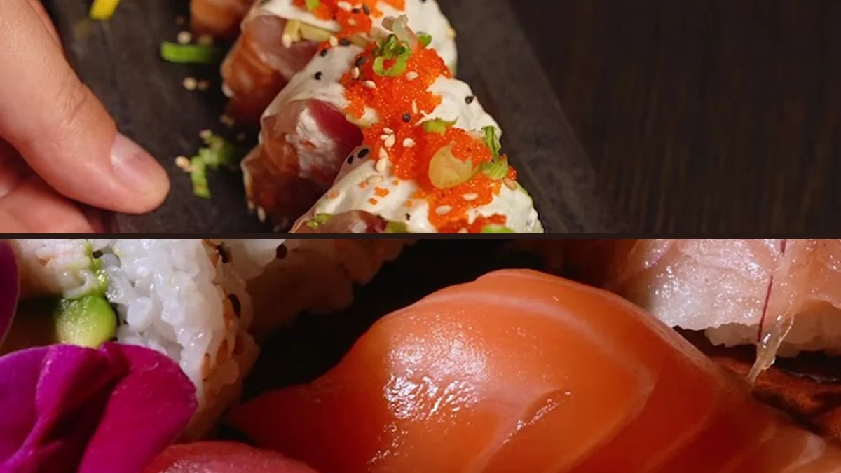 Sushi rolls arranged on a restaurant plate.