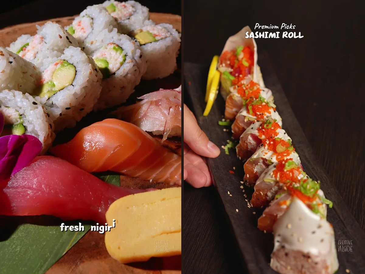 Sushi rolls arranged on a restaurant plate.