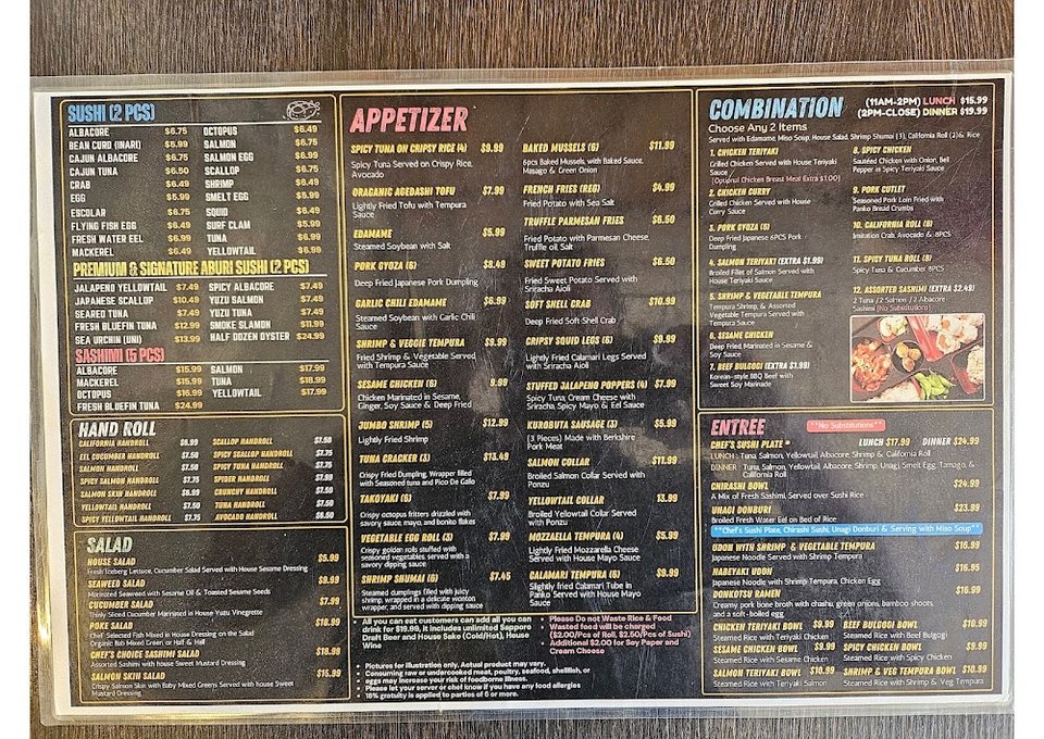 Menu page with sushi, sashimi, and rolls.