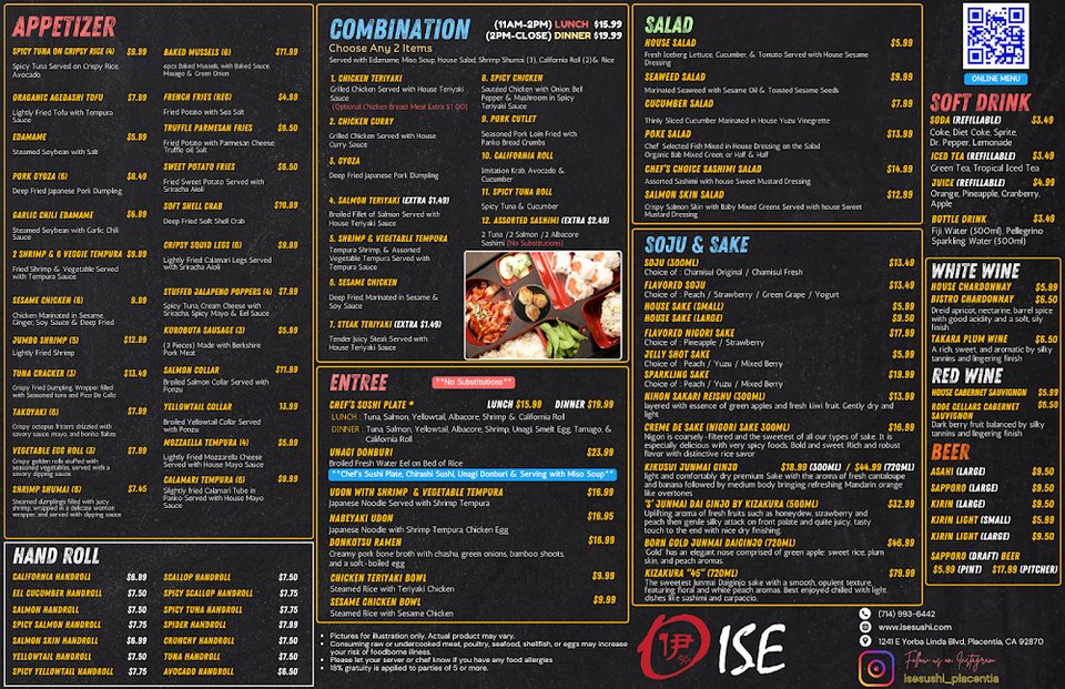 Printed menu with chef special rolls.