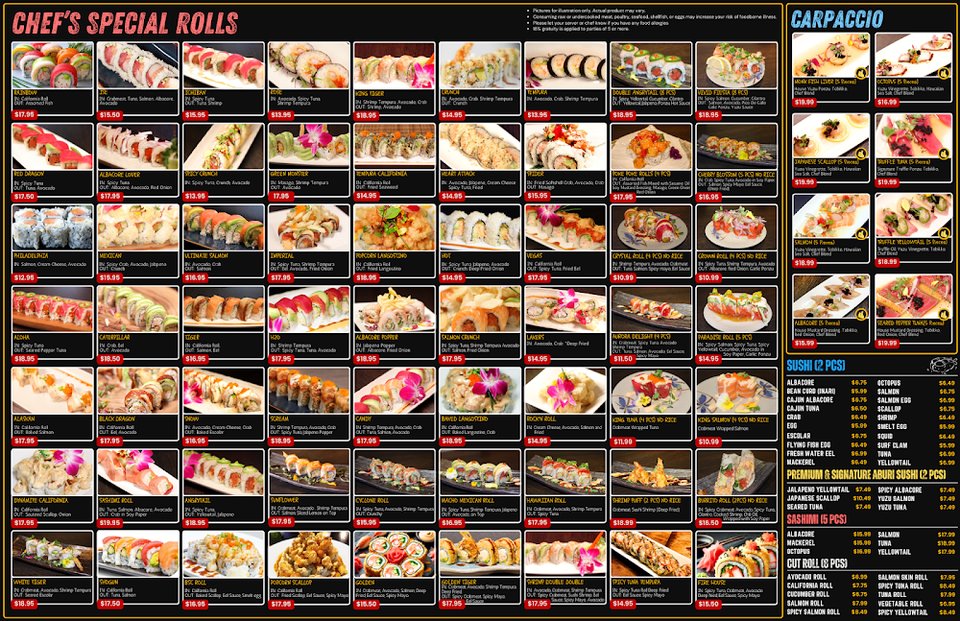 Restaurant menu showing appetizers and baked rolls.